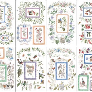 May include: A collection of framed illustrations featuring floral and fauna designs. Each frame showcases a different scene with birds, butterflies, and flowers. The color palette includes soft blues, pinks, greens, and yellows, creating a delicate and whimsical aesthetic.