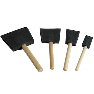 May include: Four foam brushes with wooden handles. The brushes are different sizes, with the largest brush having a black handle with the text "XT-12" printed on it.