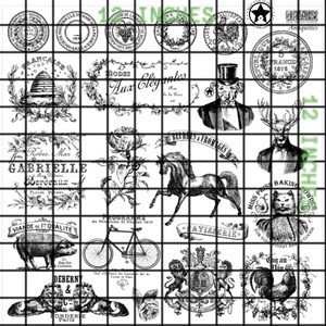 May include: A black and white digital collage sheet with 16 vintage images. The images include a rooster, a bicycle, a horse, a deer, a cat, a beehive, a crown, a rose, and text in French. The sheet is 12 inches by 12 inches.