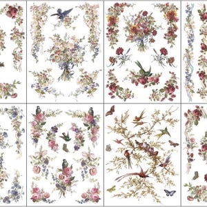May include: A collection of eight decorative paper sheets featuring vintage floral and bird designs. Each sheet showcases bouquets, wreaths, and corner arrangements with roses, butterflies, and birds in shades of red, pink, and blue.