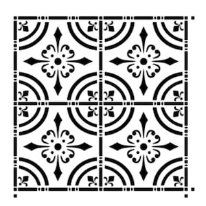 May include: Black and white stencil featuring a repeating pattern of geometric shapes and floral designs. The stencil is designed for use with paint or other mediums to create a decorative tile effect.