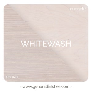 May include: A comparison of whitewash stain on oak and maple wood. The text "WHITEWASH" is displayed in the center of the image. The text "on oak" is displayed in the bottom left corner of the image. The text "on maple" is displayed in the top right corner of the image. The text "www.generalfinishes.com" is displayed in the bottom center of the image.
