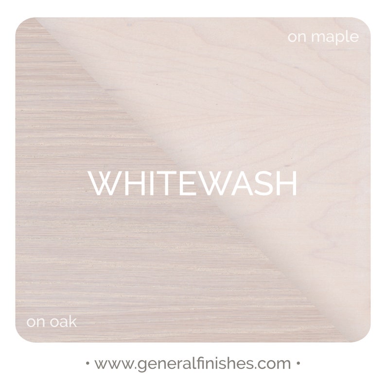 May include: A comparison of whitewash stain on oak and maple wood. The text "WHITEWASH" is displayed in the center of the image. The text "on oak" is displayed in the bottom left corner of the image. The text "on maple" is displayed in the top right corner of the image. The text "www.generalfinishes.com" is displayed in the bottom center of the image.