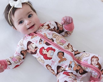 THE BOW COLLECTIVE zippy / Pijama de bambú para niña pequeña Princess / Coquette / Lazos / Pelele para bebé / Tiana / Aurora / Bella / Jazmín / Frozen