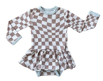 MOCHA SWIRL | Bamboo Baby Toddler | Bodysuit Twirl Dress | Wavy Checker | Groovy Retro Minimalistic | Girl Pajamas
