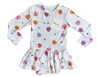 Valentine's Day | Bamboo Baby Toddler | Bodysuit Twirl Dress | Hearts | Retro | Girl bodysuit dress