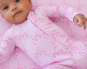 EMERYN ZIPPY | Dainty Pink Toddler Bamboo Pajamas | Ballet Ballerina | Coquette Bows  | Pastel Pjs | Baby Zippy Romper | Preppy