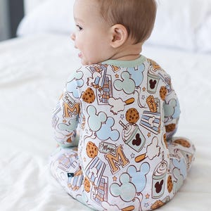 SNACKS (GREEN) zippy | Mickey Toddler Bamboo Pajamas | Gender Neutral | Pastel Pjs | Disneyland Apparel | Disney Checker | Baby Romper