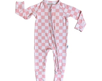 BUBBLEGUM CHECKERS | Bamboo Baby Toddler | Romper Set Zippy | Retro | Valentines Day Pajamas