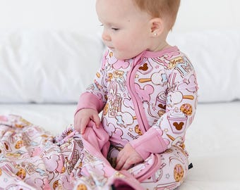 SNACKS (PINK) zippy | Mickey Toddler Bamboo Pajamas | Gender Neutral | Pastel Pjs | Disneyland Apparel | Disney Checker | Baby Romper