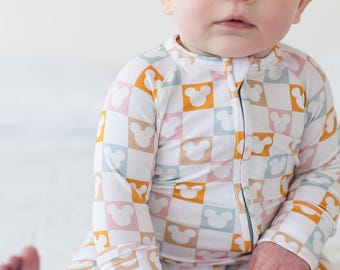 CHECKERBOARD CHARM | Mickey Toddler Bamboo Pajamas | Gender Neutral | Pastel Pjs | Disneyland Apparel | Disney Checkee | Baby Zippy Romper