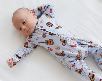 COWBOY ZIPPY | Blue Toddler Bamboo Pajamas | Texas  | Pastel Pjs | Baby Zippy Romper