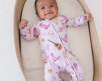 COWGIRL ZIPPY | Dainty Pink Toddler Bamboo Pajamas | Floral | Texas  | Pastel Pjs | Baby Zippy Romper