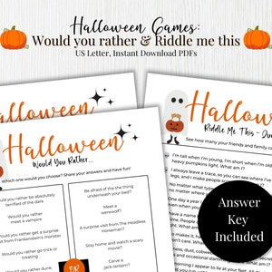 May include: Halloween-themed printable games, including "Would You Rather" and "Riddle Me This." The design features orange pumpkins, a ghost holding a pumpkin, and black star accents. The text includes "Answer Key Included."