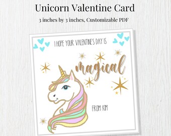 Preschool Valentine Unicorn Valentine Cards, Printable Unicorn Gift Tag for Valentine's Day, Class Valentines Customized Valentine for Child