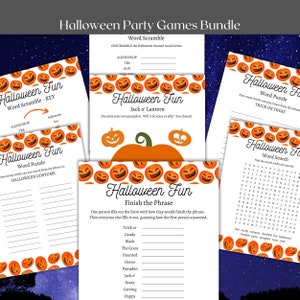 May include: A printable Halloween party game bundle with four different games: Word Scramble, Word Puzzle, Word Search, and Finish the Phrase. Each game features a white background with orange pumpkin illustrations.