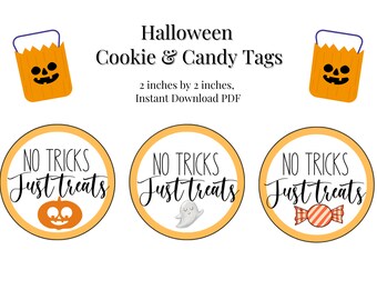 No Tricks, Just Treats Halloween Treat Bag Toppers, Printable Cookie Tag, Classroom treat labels, Class Favors, Candy bag label, gift tags