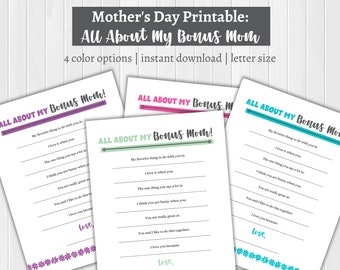 All About My Bonus Mom Printable Letter, Bonus Mother's Day Gift from Child, Mother's Day Craft, Printable PDF