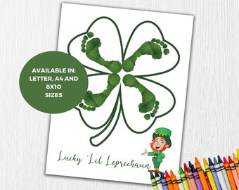 St Patricks Day Craft for Kids, Footprint art Leprechaun Daycare Activity Homeschool Craft, Babys First St Patricks Day footprint keepsake