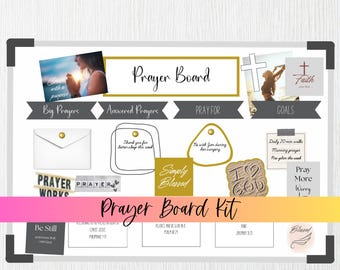 May include: A printable prayer board kit with a white background and gold accents. The kit includes sections for big prayers, answered prayers, pray for, and goals. The kit also includes a variety of inspirational quotes and images.
