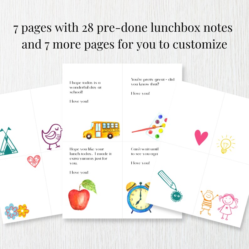 K&ouml;nnte beinhalten: Ein Satz druckbarer Lunchbox-Notizen mit bunten Illustrationen und aufmunternden Botschaften f&uuml;r Kinder. Die Notizen enthalten S&auml;tze wie "Ich hoffe, du hast einen wundersch&ouml;nen Tag in der Schule!" und "Du bist echt toll - wusstest du das?"