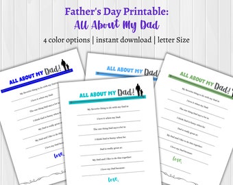 All About Dad Printable Letter Questionnaire, Father's Day Gift from Child, Father's Day Craft, Dad Questionnaire, Custom DIY gift for Dad