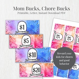 Mom Bucks Printable Chore Bucks, Behavior Bucks, Reward System for Kids, Reward Coupons, Reward Money Chores Reward Prop money Reward bucks