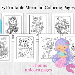May include: 25 printable mermaid coloring pages featuring different mermaids with long flowing hair, tails, and accessories.  There are also 5 bonus unicorn coloring pages.