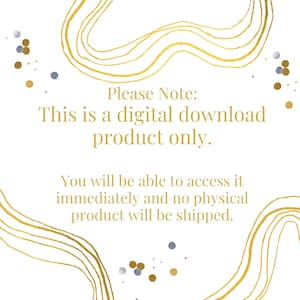 K&ouml;nnte beinhalten: Eine Ank&uuml;ndigung f&uuml;r ein digitales Download-Produkt mit goldenen abstrakten Linien und goldenen und silbernen Konfetti. Der Text lautet: "Bitte beachten Sie: Dies ist ein digitales Download-Produkt. Sie k&ouml;nnen sofort darauf zugreifen und es wird kein physisches Produkt versandt."