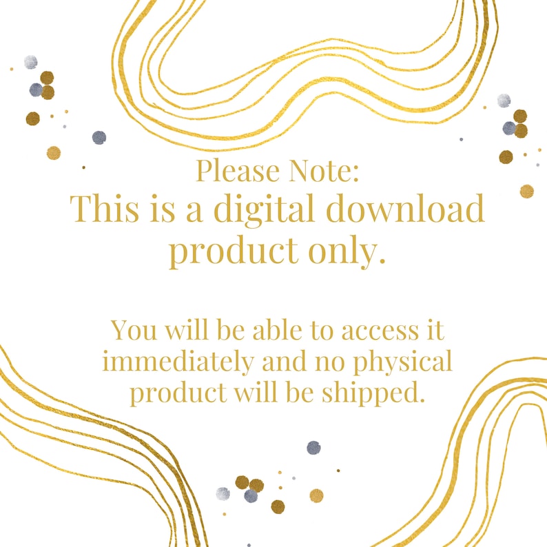 K&ouml;nnte beinhalten: Eine Ank&uuml;ndigung f&uuml;r ein digitales Download-Produkt mit goldenen abstrakten Linien und goldenen und silbernen Konfetti. Der Text lautet: "Bitte beachten Sie: Dies ist ein digitales Download-Produkt. Sie k&ouml;nnen sofort darauf zugreifen und es wird kein physisches Produkt versandt."