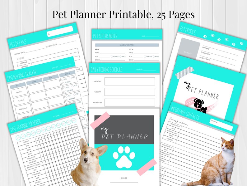 Pet Planner Printable with everything you need to track for your Pet's care: Medication Tracker, Vet Visit Log, Vaccination Log, Expense Tracker, Groomer Log, Pet Sitter Notes, Dog Training Tracker