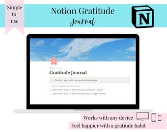 Notion Gratitude Journal, Digital Gratitude Journal Template, Daily Gratitude for Self Care and Mental Wellness, Notion Template