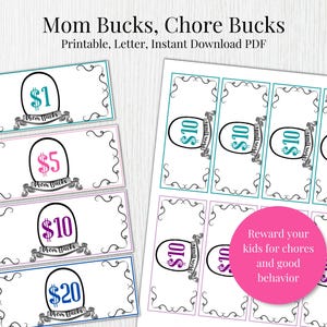 Mom Bucks Printable Chore Bucks, Behavior Bucks, Reward System for Kids, Reward Coupons, Reward Money, Chores Reward Prop money Reward bucks