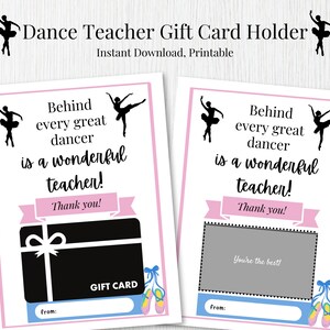 K&ouml;nnte beinhalten: Zwei druckbare Geschenkkartenhalter f&uuml;r einen Tanzlehrer. Jede Karte hat einen rosa Rand und zeigt eine Ballerina-Silhouette, den Text "Hinter jedem gro&szlig;artigen T&auml;nzer steht ein wunderbarer Lehrer!" und "Danke!"