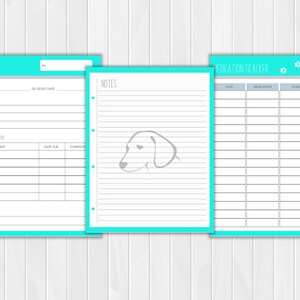 May include: Printable pet tracker pages with a light blue background. The pages include sections for pet details, notes, and medication tracking. A simple illustration of a dog's head is included on the notes page.