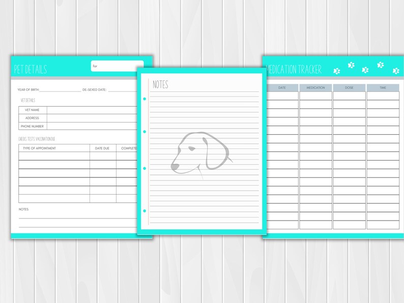 May include: Printable pet tracker pages with a light blue background. The pages include sections for pet details, notes, and medication tracking. A simple illustration of a dog's head is included on the notes page.