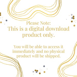 K&ouml;nnte beinhalten: Wei&szlig;er Hintergrund mit abstrakten goldenen Linien und kleinen goldenen und silbernen Punkten. Der Text in Gold lautet: "Please Note: This is a digital download product only. You will be able to access it immediately and no physical product will be shipped."