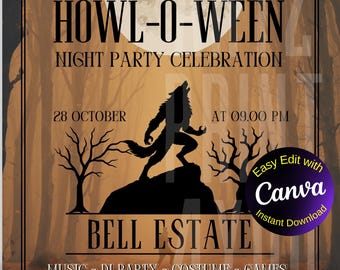 Halloween Digital Invitation, Howl-O-Ween, Werewolf Party, Cool Halloween Invite, Costume Party, DIY Digital Invite