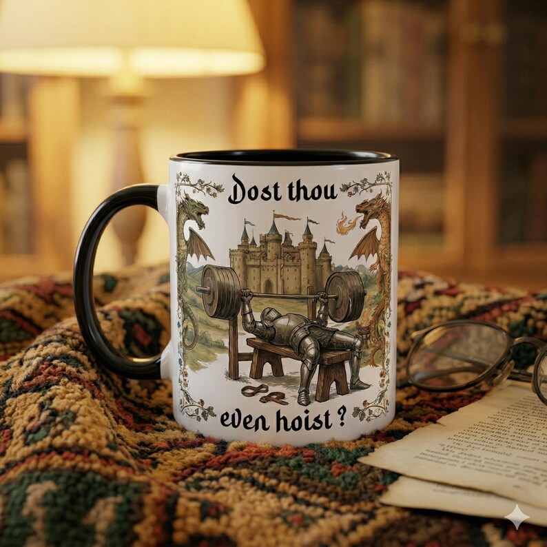 May include: A white ceramic mug with a black handle and rim. The mug features a medieval-themed design with a castle, dragons, and a knight lifting weights. Text on the mug reads "Dost thou even hoist?"