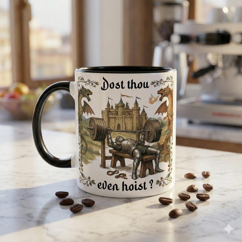 May include: White ceramic mug with a black interior and handle, featuring a medieval knight lifting weights with the text "Dost thou even hoist?" and a castle and dragon design. Coffee beans are scattered around the mug.