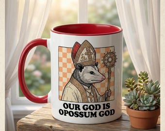 Funny Opossum Catholic Priest Mug, Our God is Opossum God Coffee Cup, Sarcastic Possum Gift for Friend, Quirky Unhinged Meme Ceramic Mug