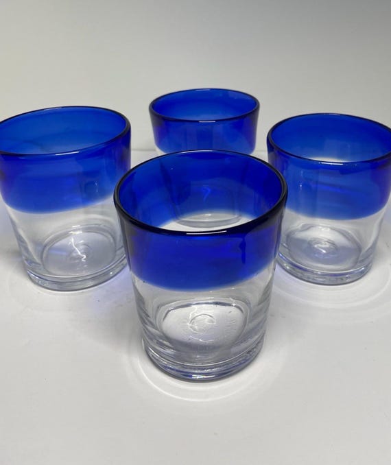 Vintage Set of 4 Hand Blown Mexican Drinking Glass Cobalt Blue Rim 8oz