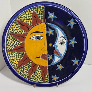 Talavera Mexico Pottery Sun Moon Face Plate Wall Decor 10&quot;