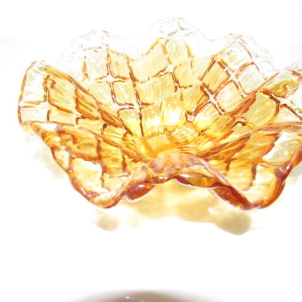 Vetro Eseguito Murano Hand Blown Amber Glass Ruffle Edge Centerpiece Bowl  8.5"