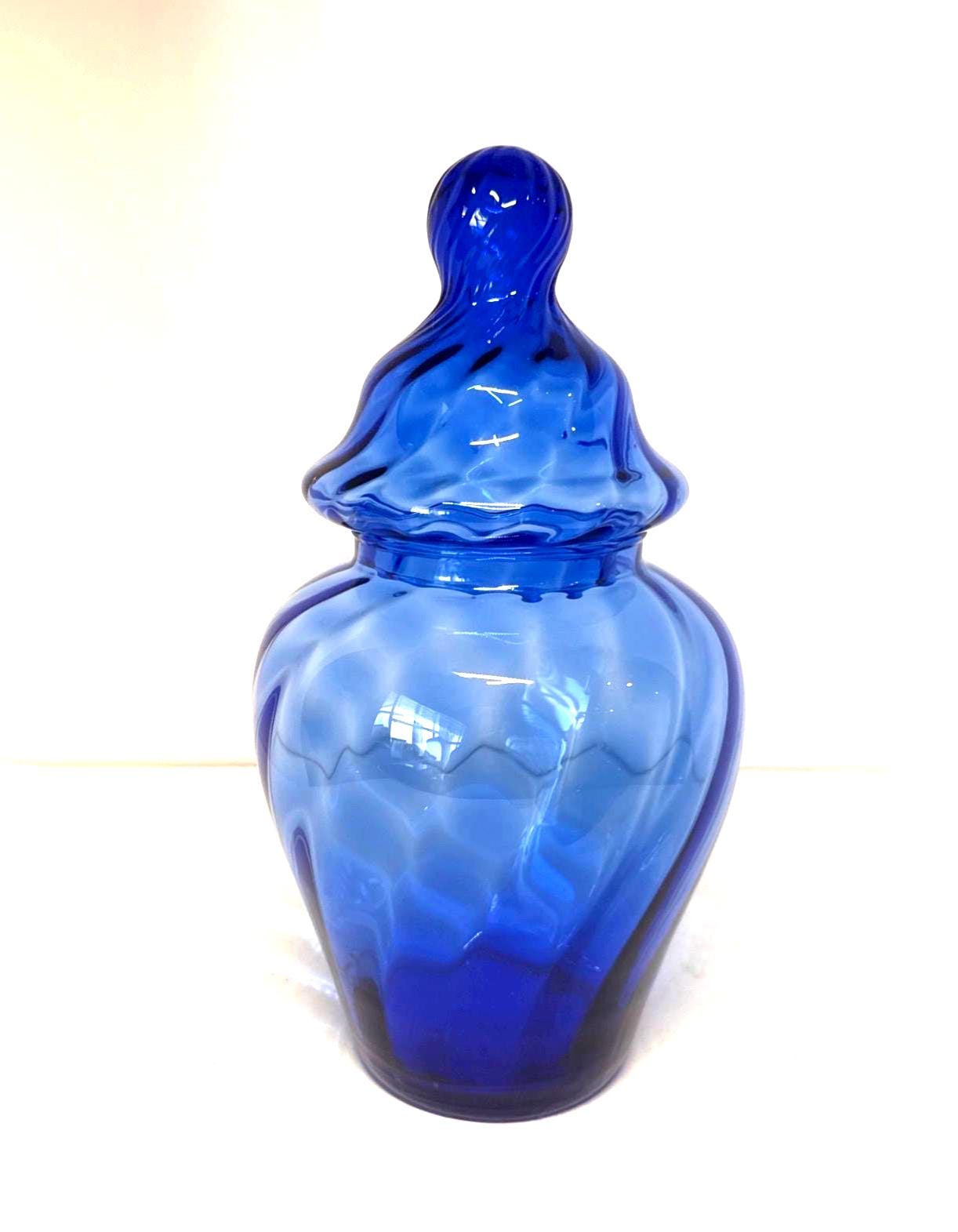 ヴィンテージ コバルトブルー 渦巻き 薬用蓋 ガラス花瓶 10.5インチ