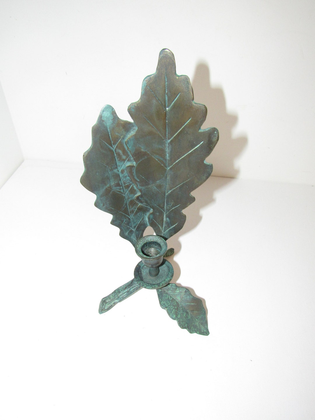 Vintage Green Patina Brass Candle Holder Leaf Tall Stick Candle Holder