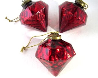 Vintage Ruby Kagul Red Glass Diamond Shape Christmas Ornament Heavy 4” Beautiful