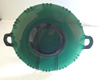 Vintage Depression Forest Green Glas Tablett mit Griffen 10,5 ""