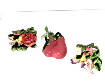 Vintage Ceramic 3D Veggie, Flower & Birds Wall Hanging Decoration Set of 3