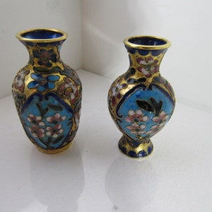Set Of 2 Vintage Chinese Cloisonné Enamel/Brass Miniature Vases